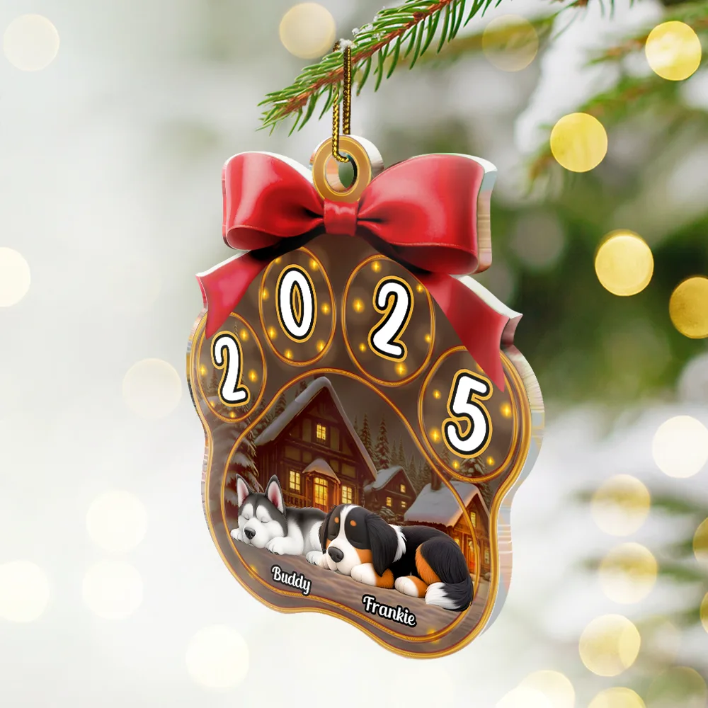 Christmas Sleeping Dogs Pawprint - Personalized Custom Shaped Acrylic Ornament - Image 2