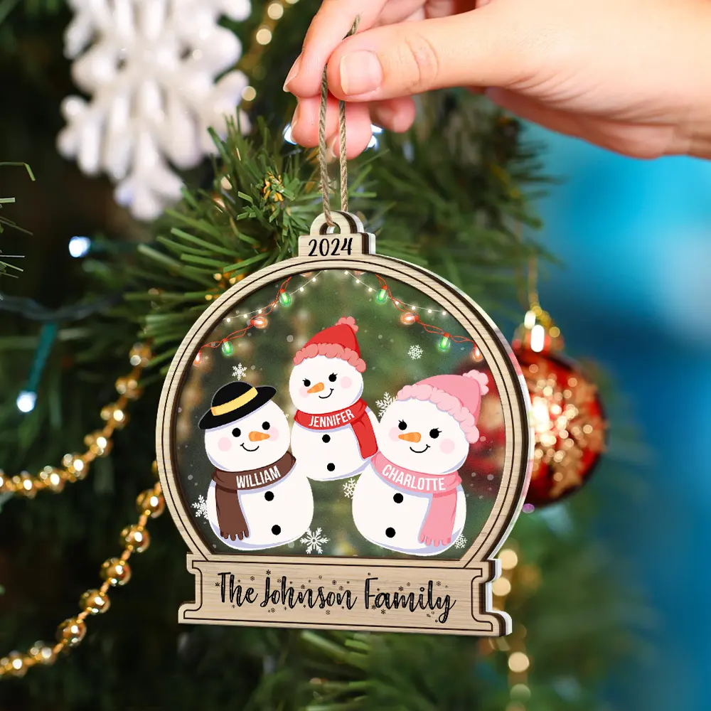 Christmas Snow Globe Snowman Family - Personalized 2-Layered Mix Ornament - Image 4