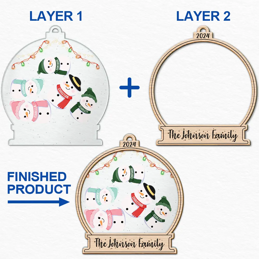 Christmas Snow Globe Snowman Family - Personalized 2-Layered Mix Ornament - Image 6