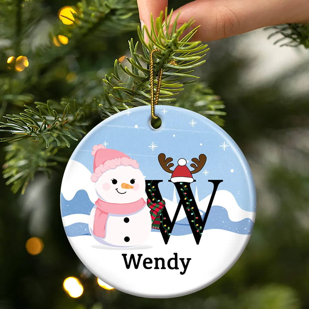 Christmas Snowman Monogram - Personalized Circle Ceramic Ornament - Image 3