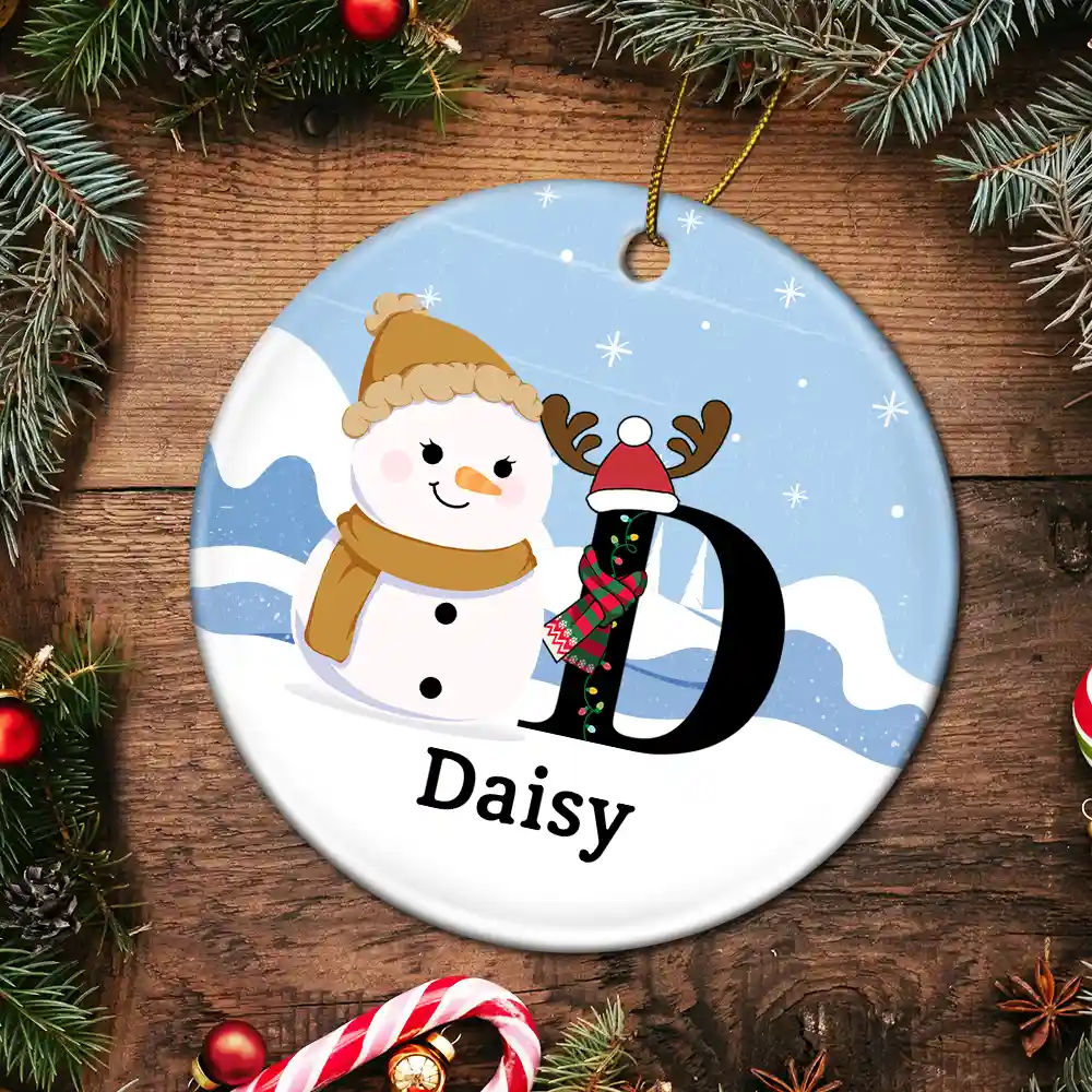 Christmas Snowman Monogram - Personalized Circle Ceramic Ornament - Image 5
