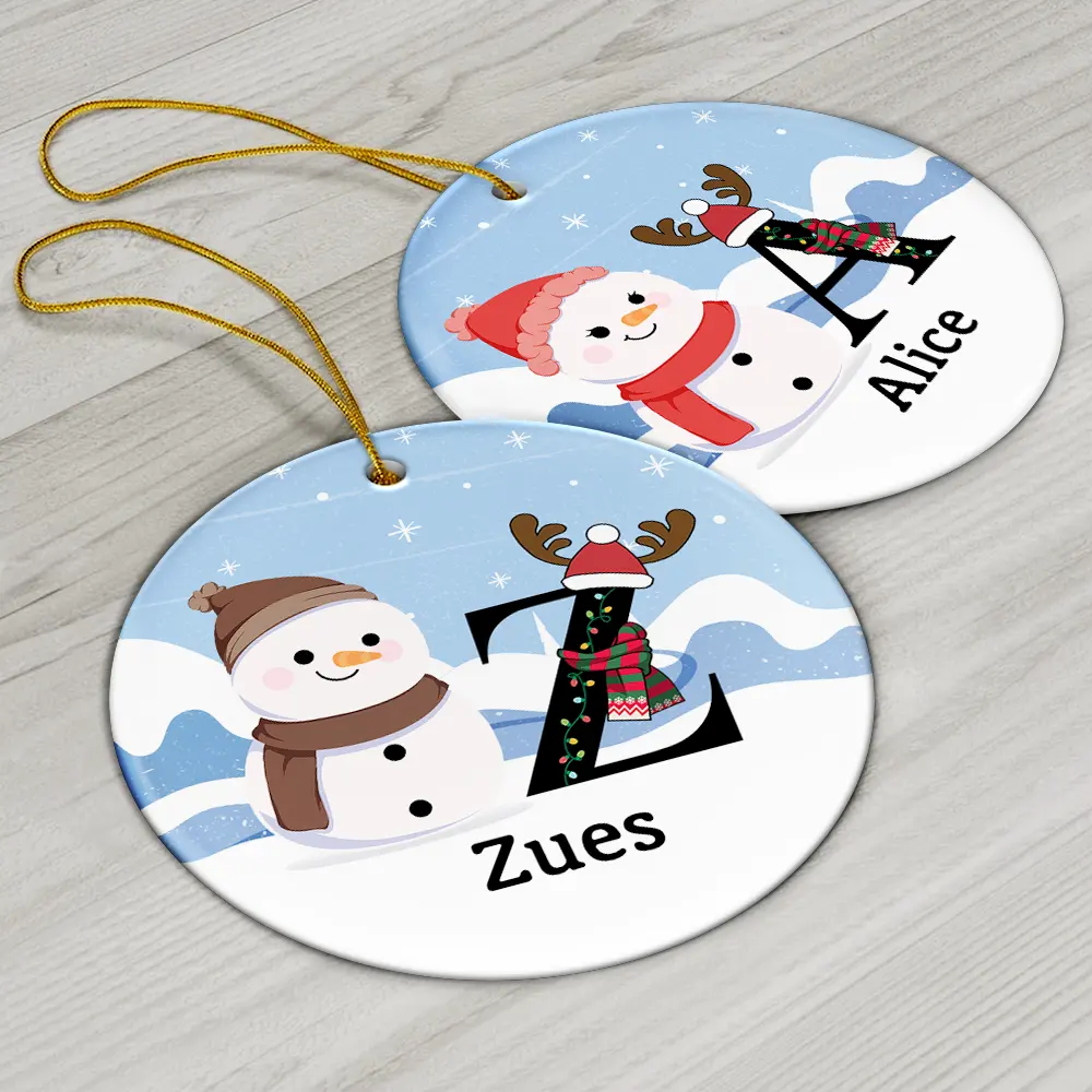 Christmas Snowman Monogram - Personalized Circle Ceramic Ornament - Image 6