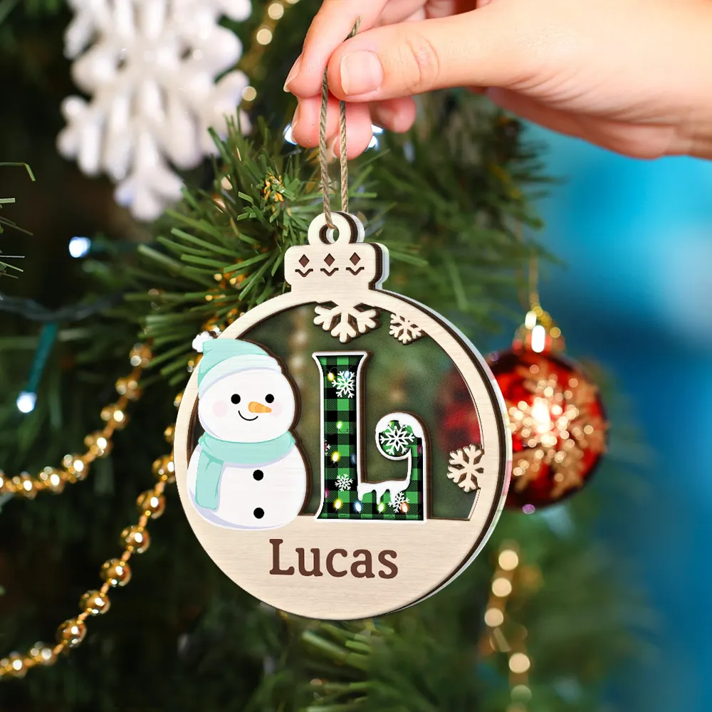 Christmas Snowman Plaid Monogram - Personalized 2-Layered Mix Ornament - Image 4