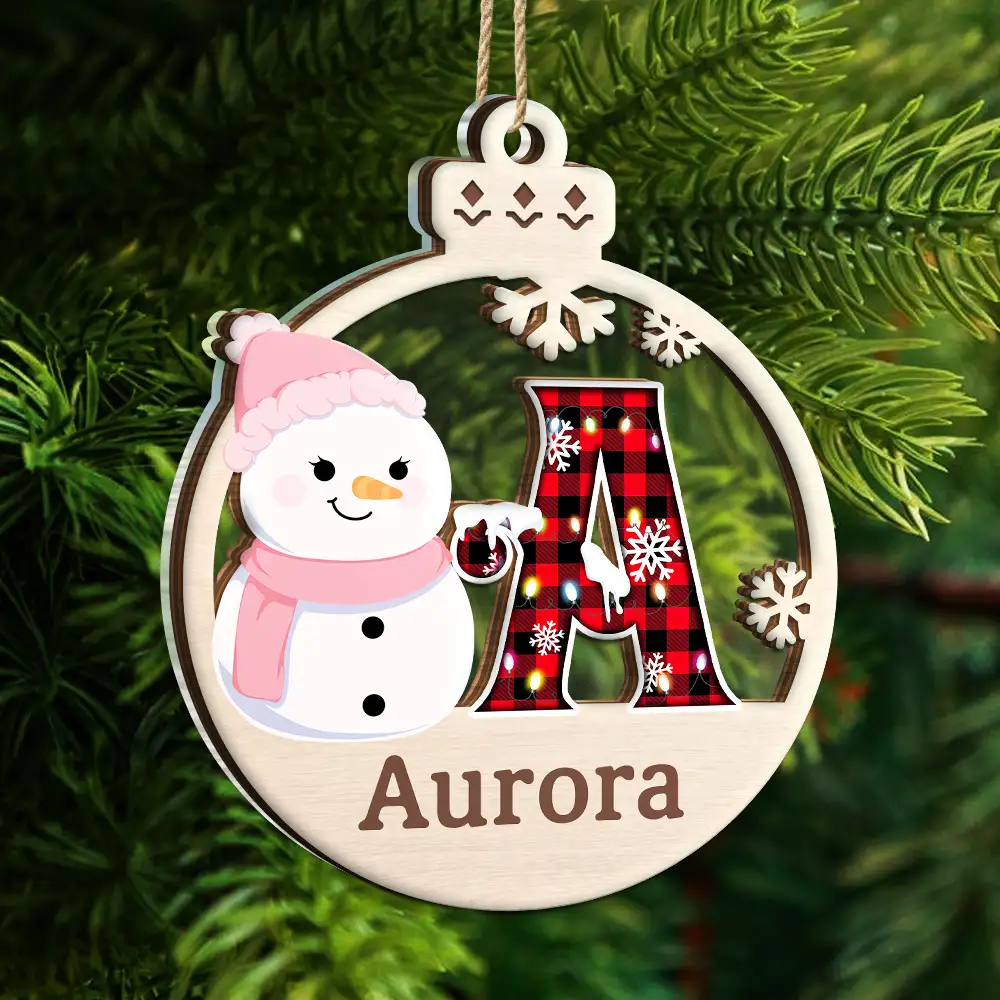 Christmas Snowman Plaid Monogram - Personalized 2-Layered Mix Ornament - Image 5
