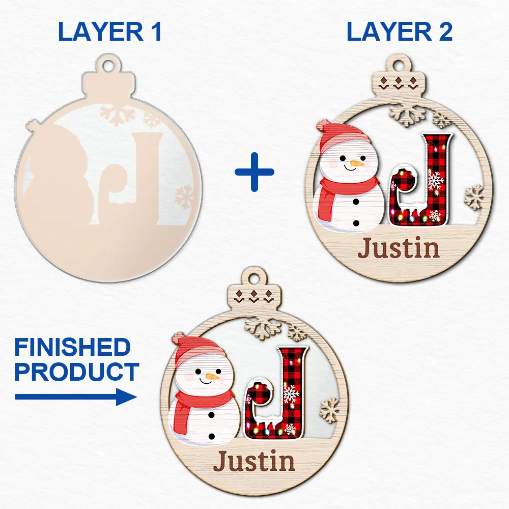 Christmas Snowman Plaid Monogram - Personalized 2-Layered Mix Ornament - Image 6