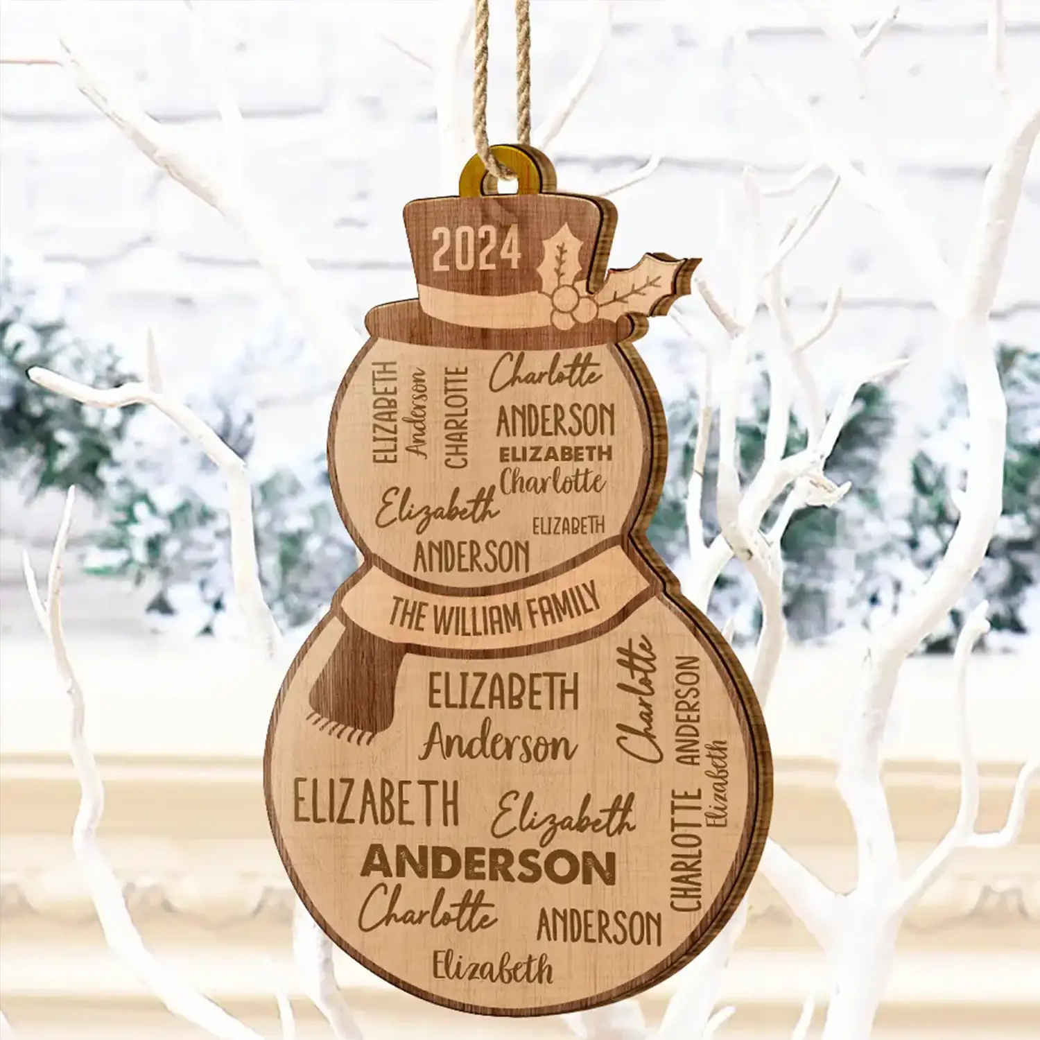 Christmas Snowman Repeating Names - Personalized Custom Shaped Wooden Ornament - Image 4
