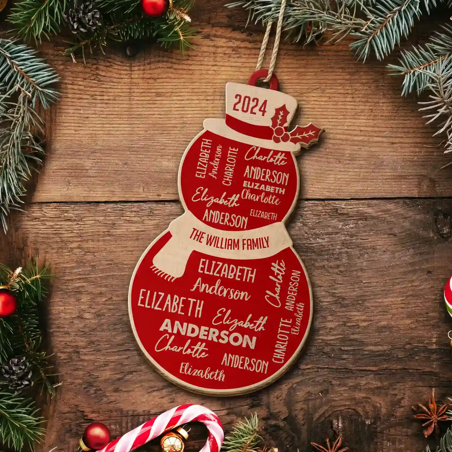 Christmas Snowman Repeating Names - Personalized Custom Shaped Wooden Ornament - Image 5