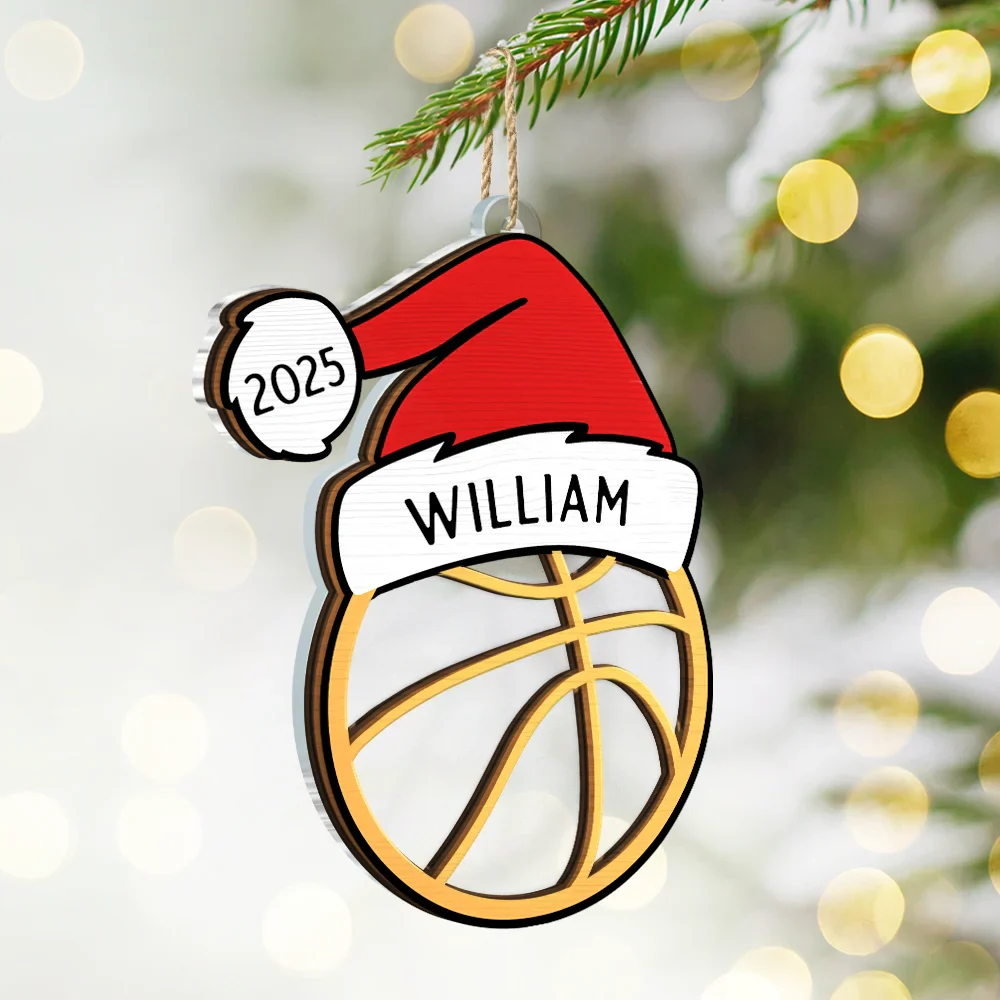 Christmas Sport Ball Santa Hat Custom Name - Personalized 2-Layered Mix Ornament - Image 2