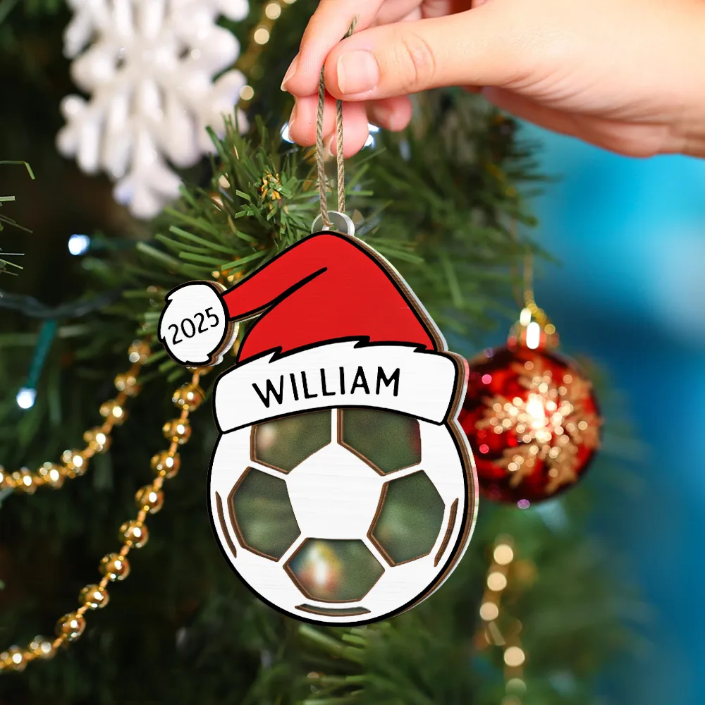 Christmas Sport Ball Santa Hat Custom Name - Personalized 2-Layered Mix Ornament - Image 4