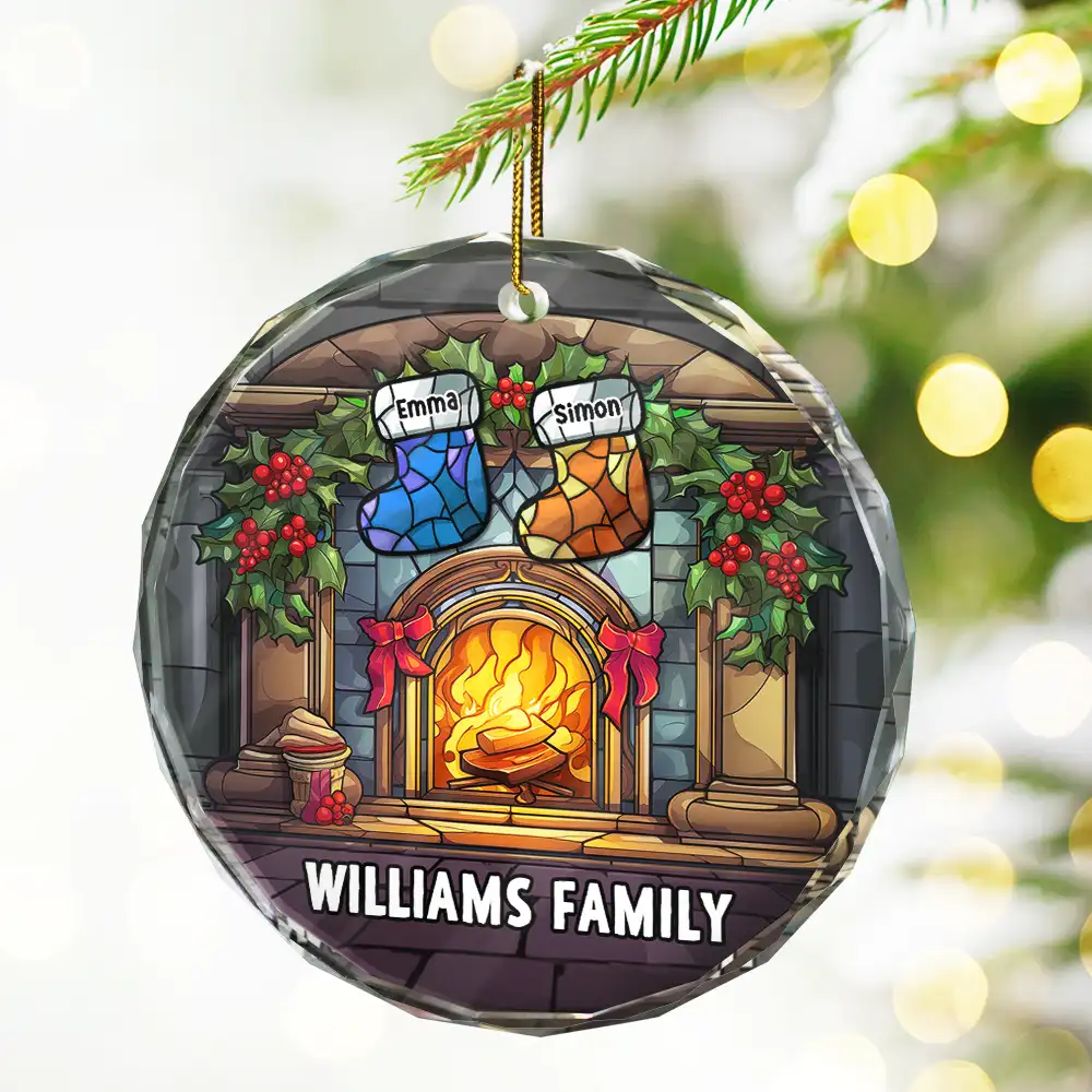 Christmas Stocking On Fireplace Family - Personalized Circle Glass Ornament - Image 2