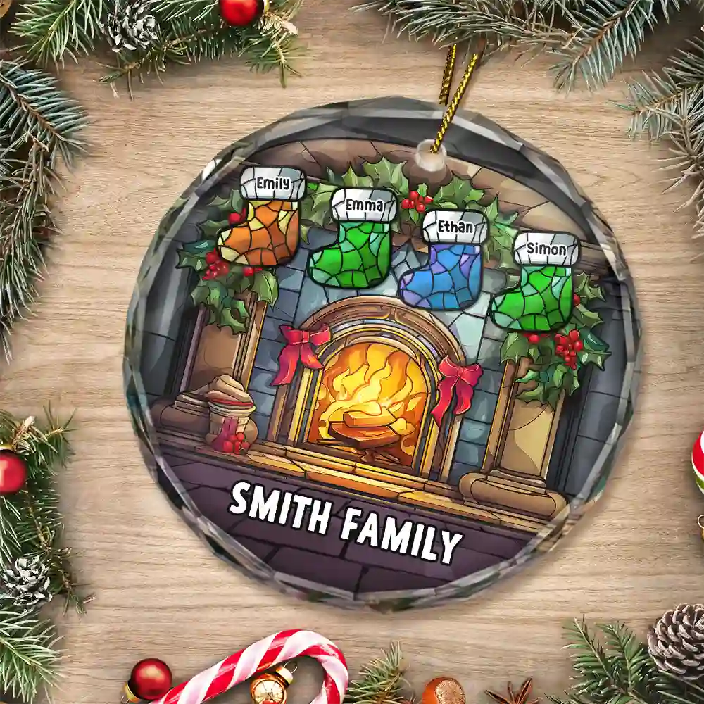 Christmas Stocking On Fireplace Family - Personalized Circle Glass Ornament - Image 3