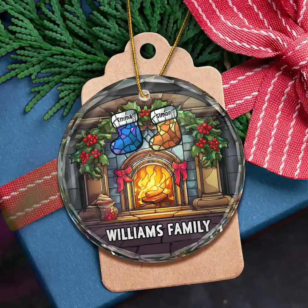 Christmas Stocking On Fireplace Family - Personalized Circle Glass Ornament - Image 5