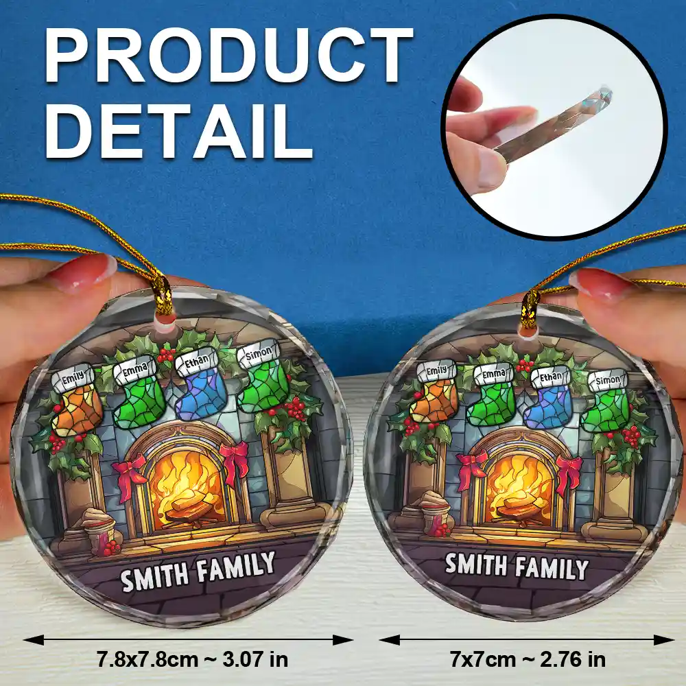 Christmas Stocking On Fireplace Family - Personalized Circle Glass Ornament - Image 6