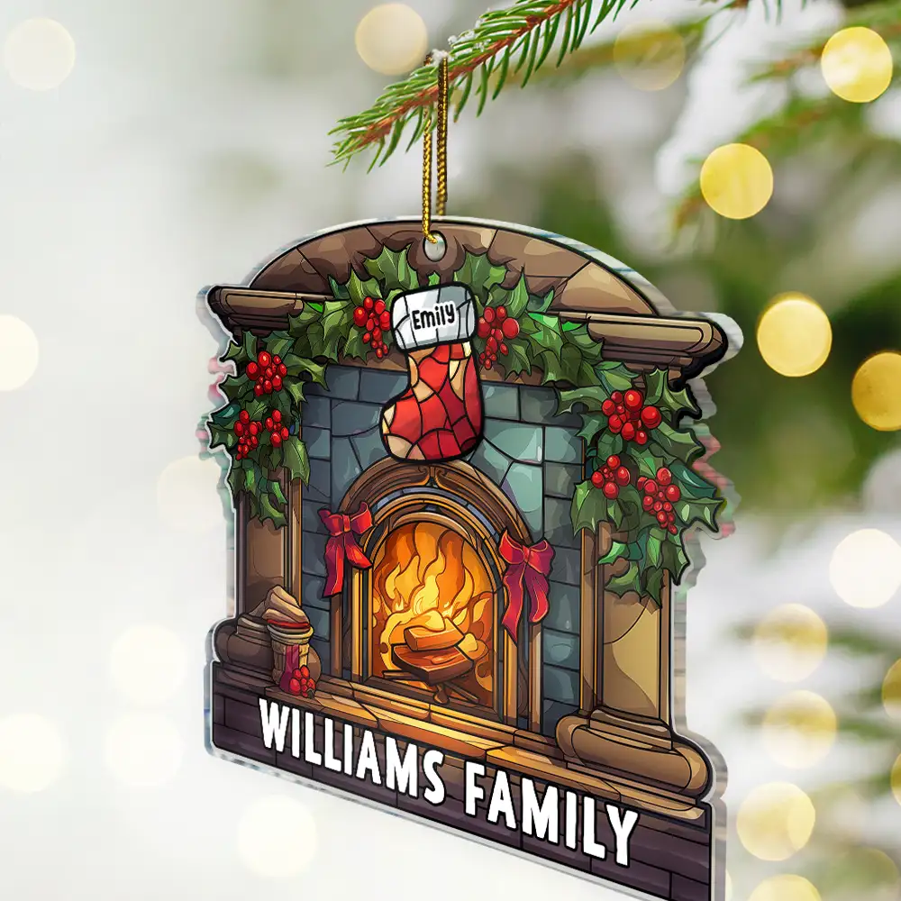Christmas Stocking On Fireplace Family - Personalized Custom Shaped Acrylic Ornament - Image 2