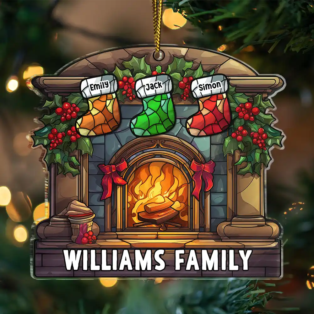 Christmas Stocking On Fireplace Family - Personalized Custom Shaped Acrylic Ornament - Image 3