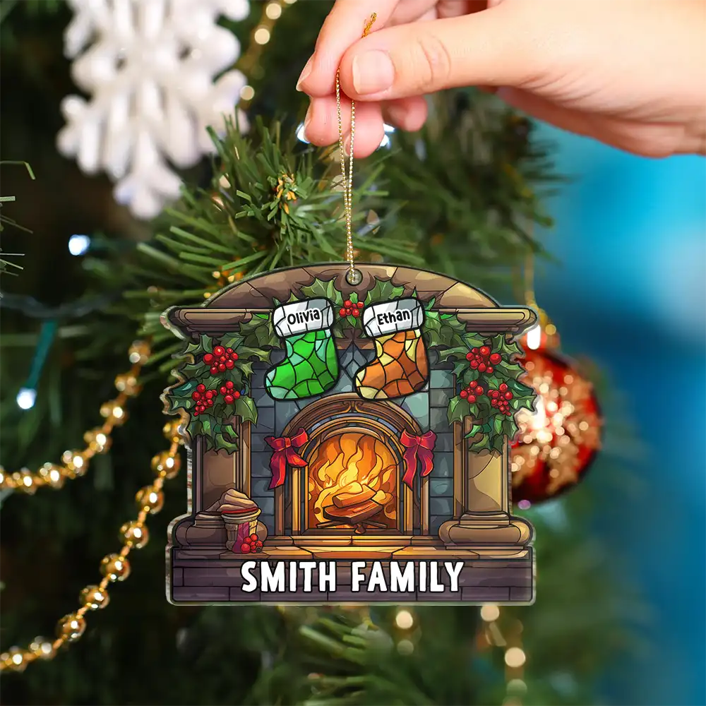 Christmas Stocking On Fireplace Family - Personalized Custom Shaped Acrylic Ornament - Image 4