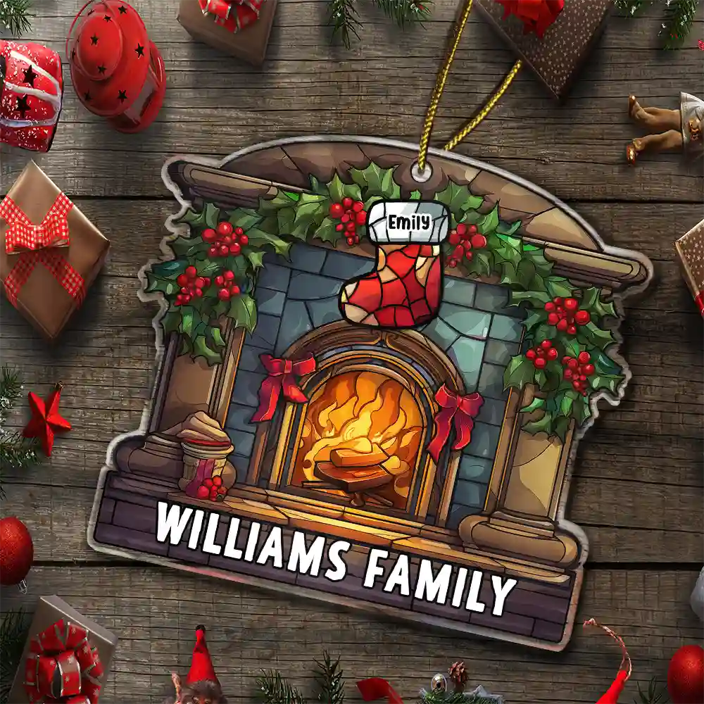 Christmas Stocking On Fireplace Family - Personalized Custom Shaped Acrylic Ornament - Image 5