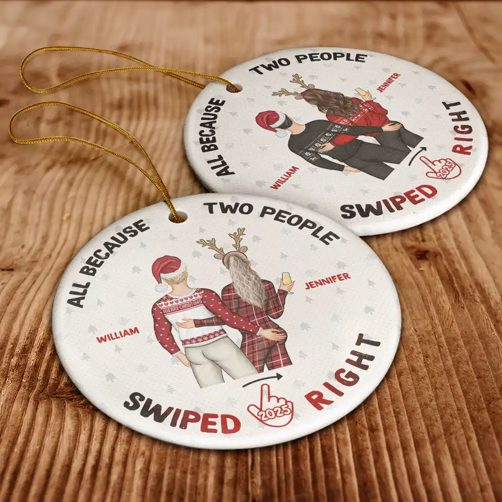 Christmas Couple Swiped Right - Personalized Circle Ceramic Ornament - Image 6