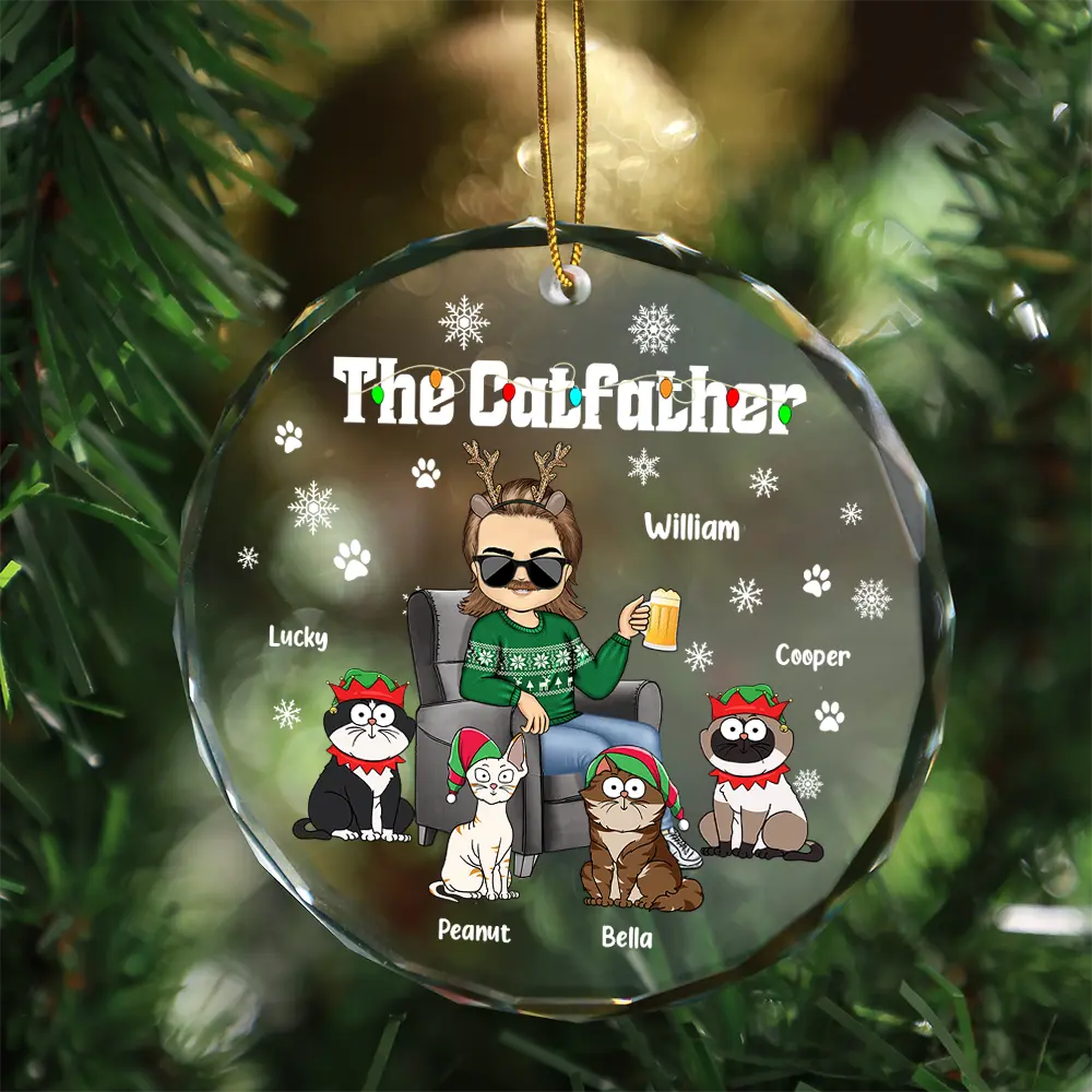 Christmas The Cat Father - Personalized Circle Glass Ornament - Image 3