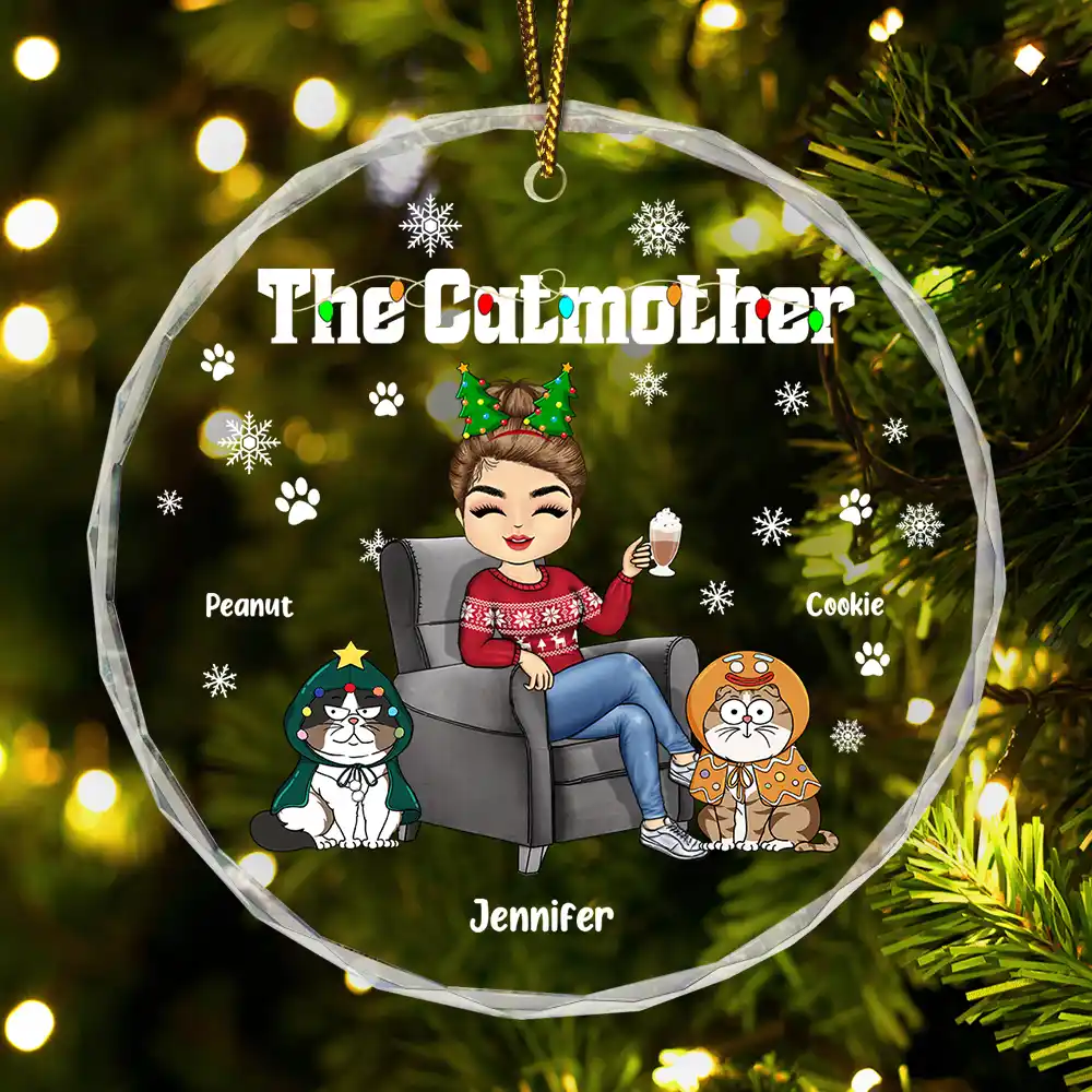 Christmas The Cat Mother - Personalized Circle Glass Ornament