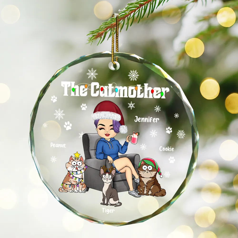 Christmas The Cat Mother - Personalized Circle Glass Ornament - Image 2