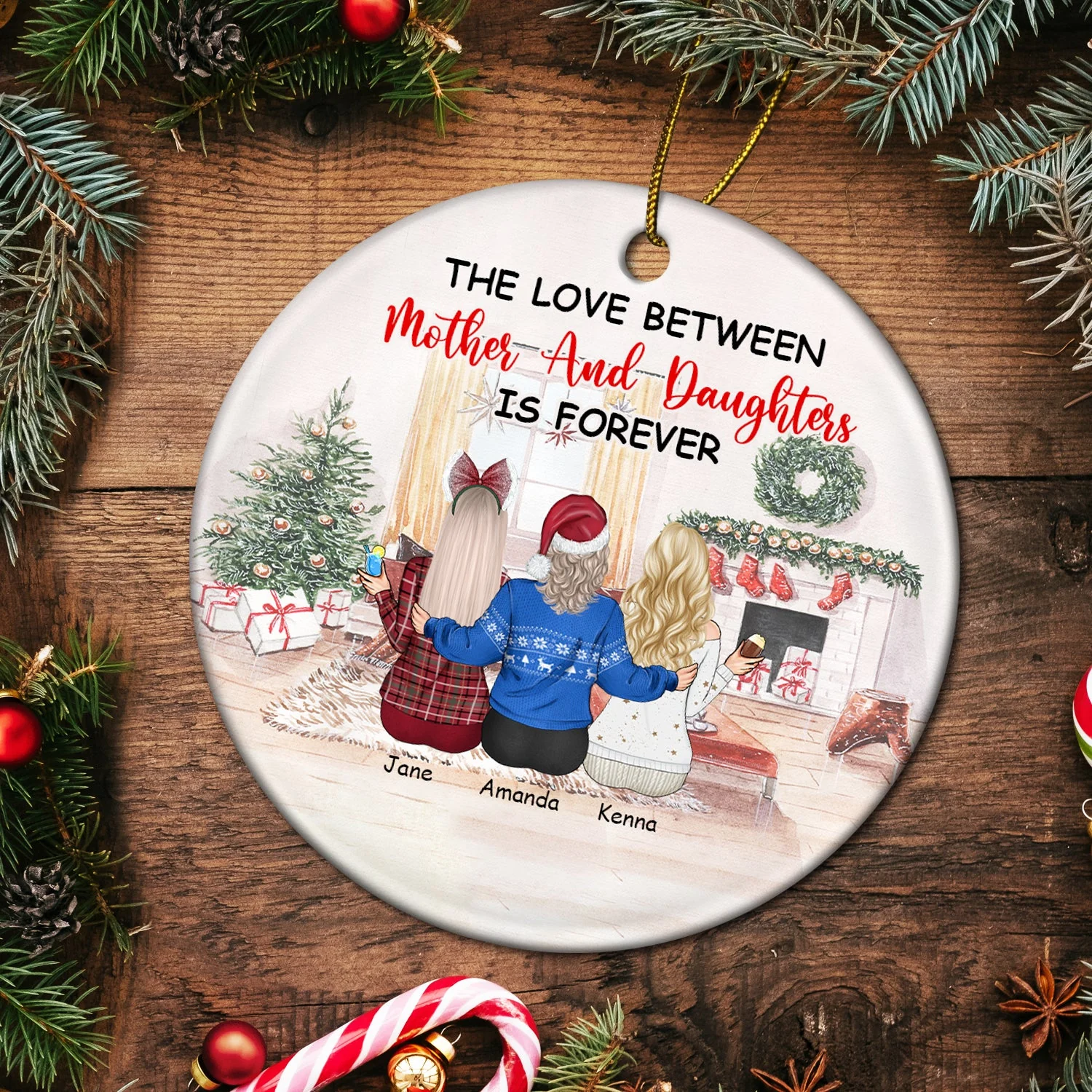 Christmas The Love Between Mother & Daughters - Gift For Mother - Personalized Circle Ceramic Ornament - Image 5