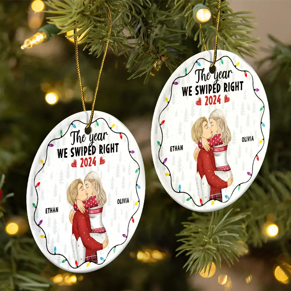 Christmas The Year We Swiped Right - Personalized Circle Ceramic Ornament - Image 2