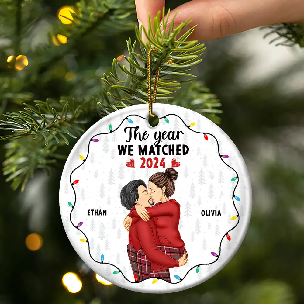 Christmas The Year We Swiped Right - Personalized Circle Ceramic Ornament - Image 3