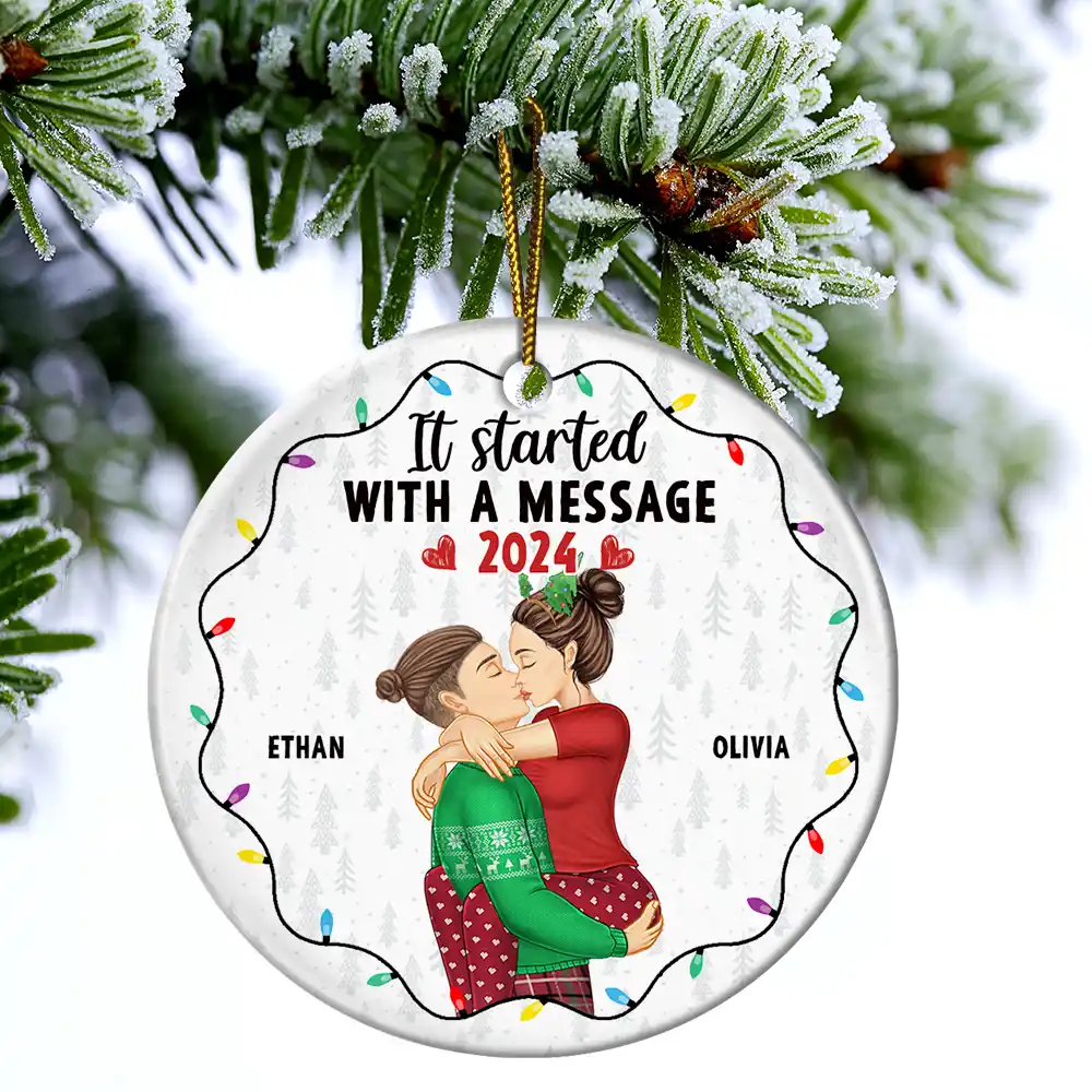 Christmas The Year We Swiped Right - Personalized Circle Ceramic Ornament - Image 4