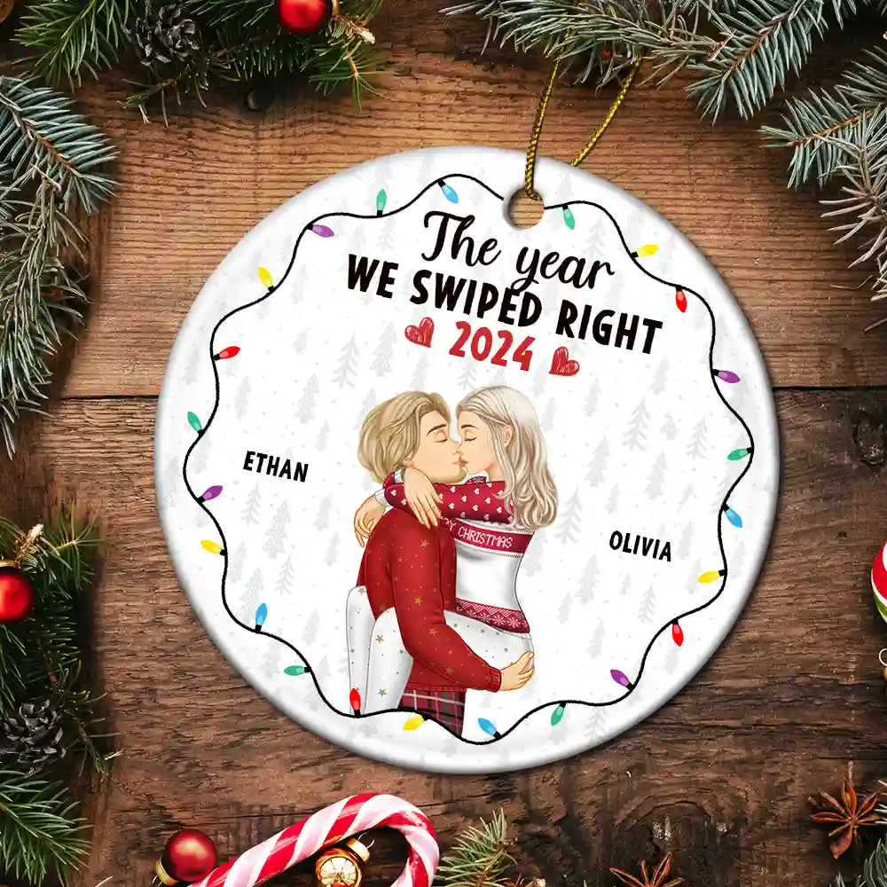 Christmas The Year We Swiped Right - Personalized Circle Ceramic Ornament - Image 5