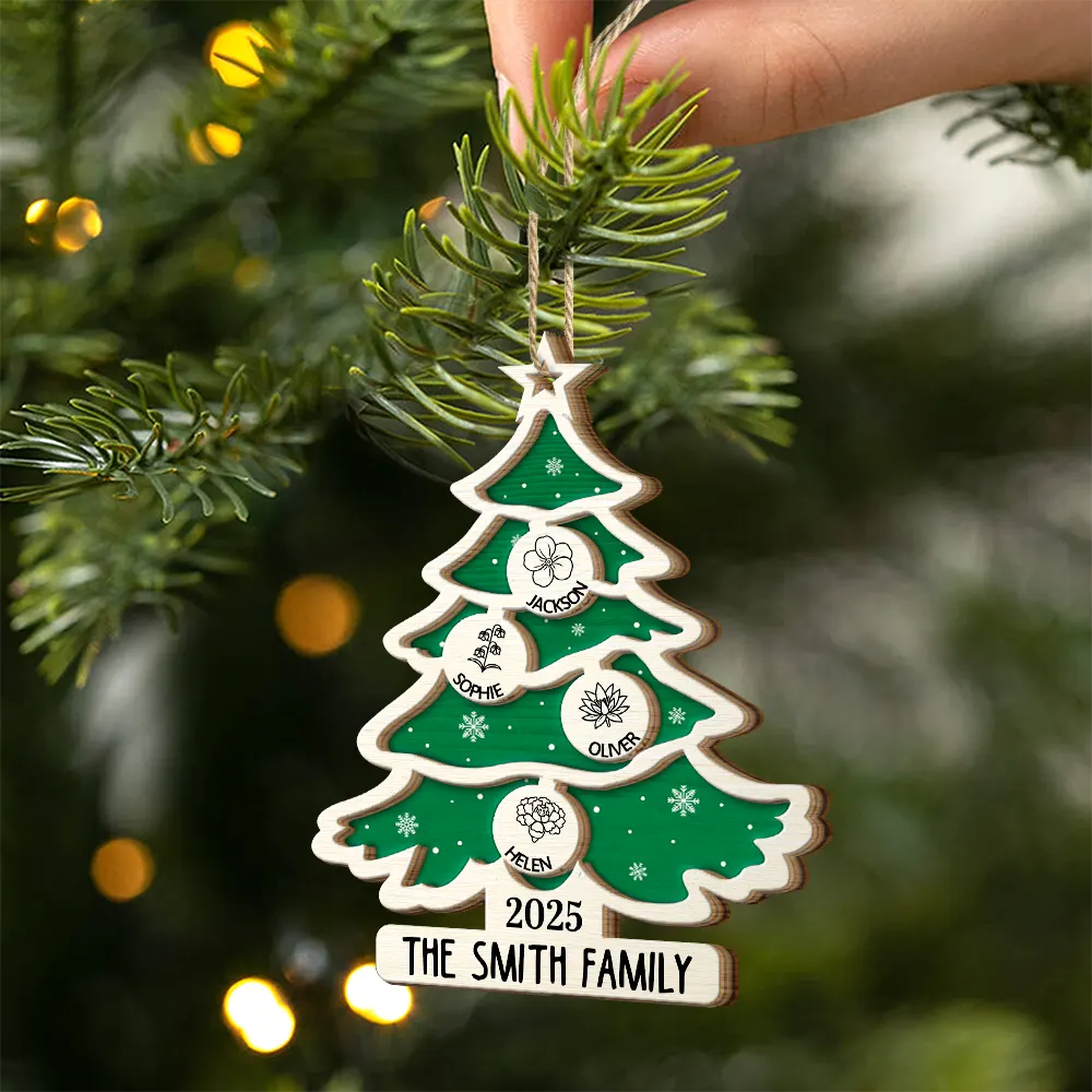 Christmas Tree Birth Flower Family - Personalized 2-Layered Wooden Ornament - Image 2