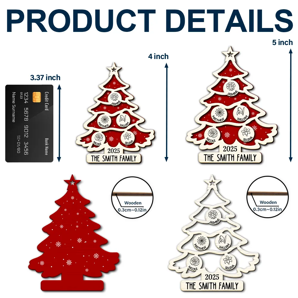 Christmas Tree Birth Flower Family - Personalized 2-Layered Wooden Ornament - Image 5