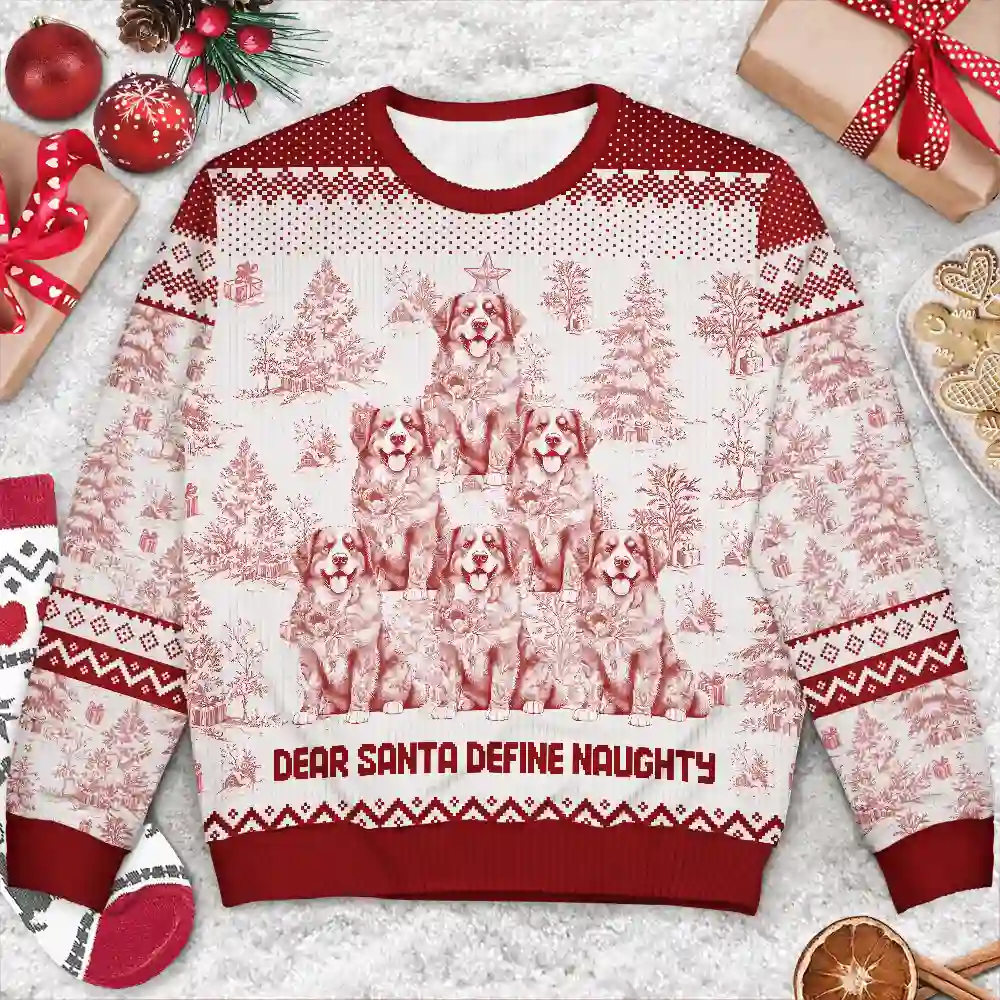 Christmas Tree Dog Cat Toile - Personalized Unisex Ugly Sweater - Image 3