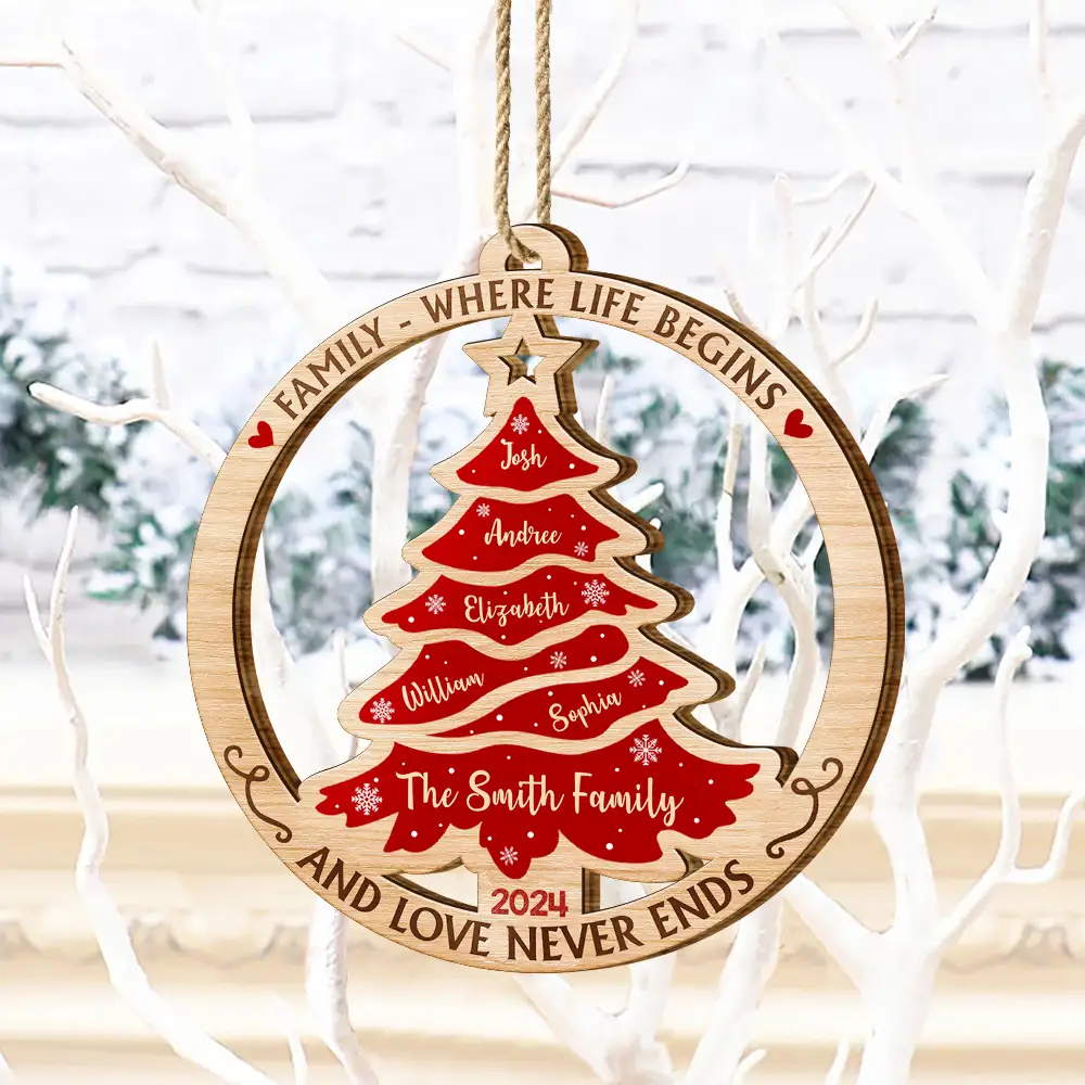 Christmas Tree Family Where Life Begins And Love Never Ends - Personalized Custom Shaped Wooden Ornament - Image 4