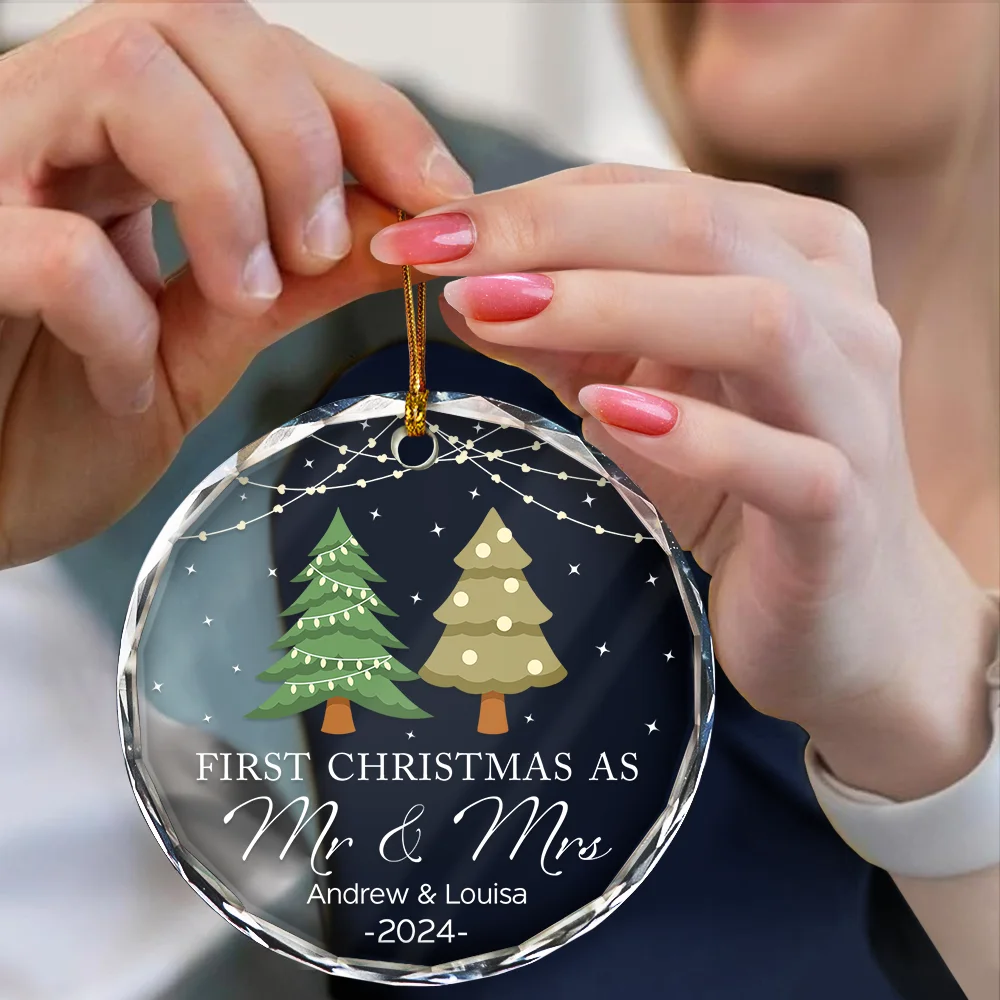 Christmas Tree First Christmas Married - Personalized Circle Glass Ornament - Image 4