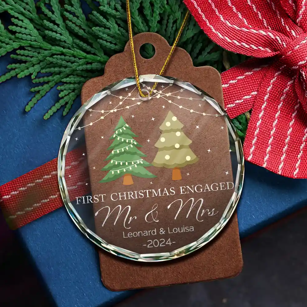 Christmas Tree First Christmas Married - Personalized Circle Glass Ornament - Image 5