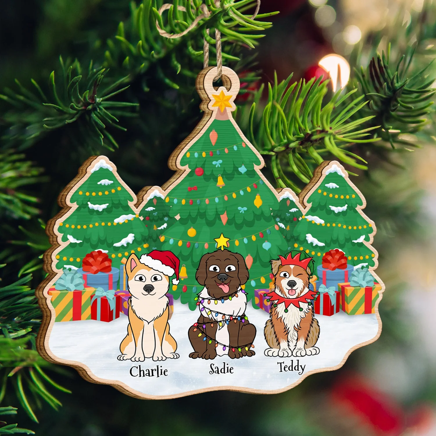 Christmas Tree Funny Cartoon Dogs - Christmas Gift For Dog Lovers - Personalized Custom Shaped Wooden Ornament - Image 3