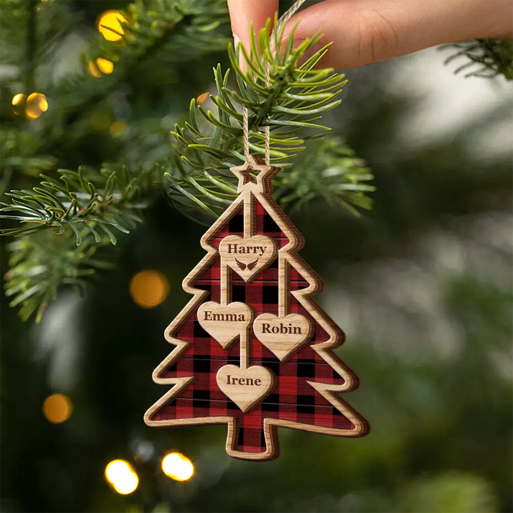 Christmas Tree Hearts With Names - Personalized 2-Layered Wooden Ornament - Image 2