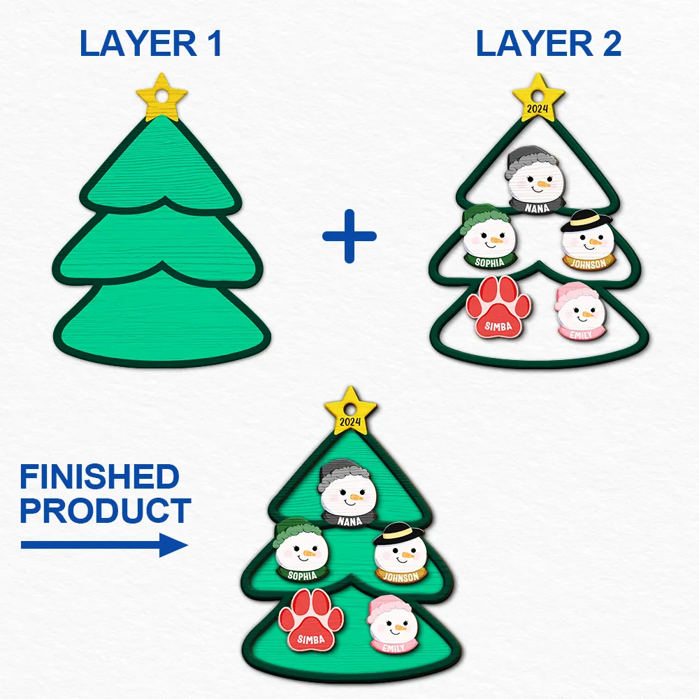 Christmas Tree Snowman Family - Personalized 2-Layered Wooden Ornament - Image 6