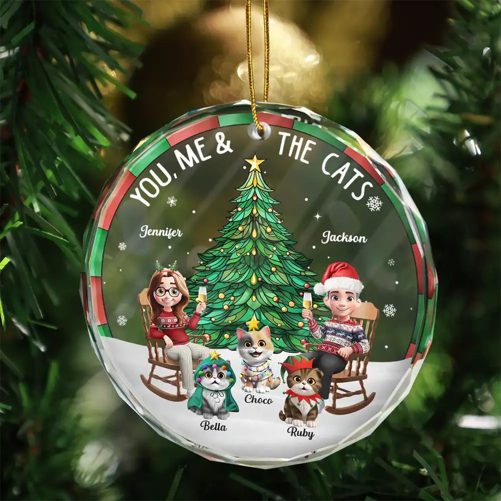 Christmas Tree You Me And The Cat - Personalized Circle Glass Ornament - Image 3