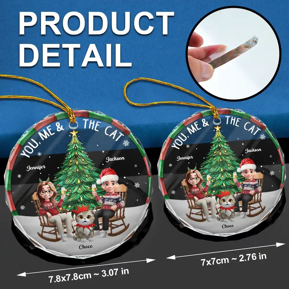 Christmas Tree You Me And The Cat - Personalized Circle Glass Ornament - Image 6