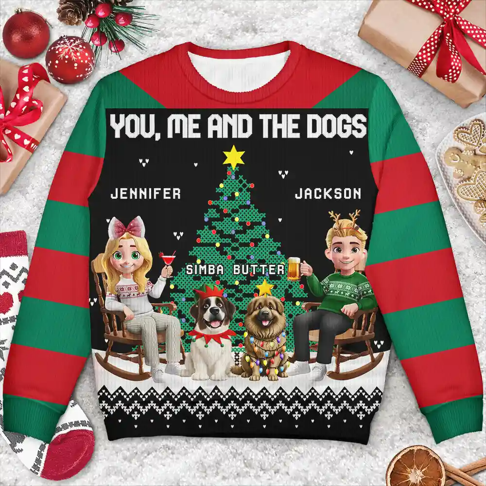 Christmas Tree You Me And The Dog Cat - Personalized Unisex Ugly Sweater - Image 3