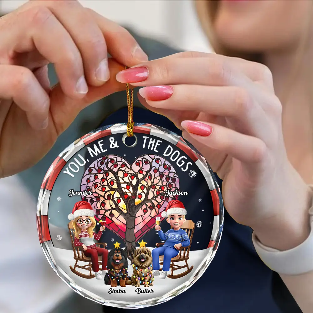 Christmas Tree You Me And The Dog - Personalized Circle Glass Ornament - Image 4