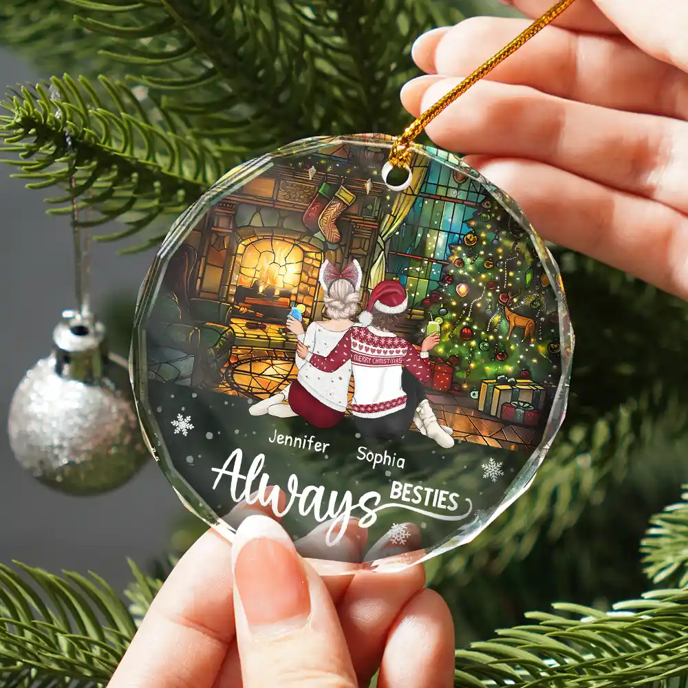Christmas Unbiological Sister Stained Glass - Personalized Circle Glass Ornament - Image 2