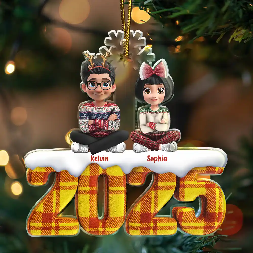 Christmas Upholstery Tartan Plaid Pattern Family 3D Effect - Personalized Custom Shaped Acrylic Ornament - Image 3