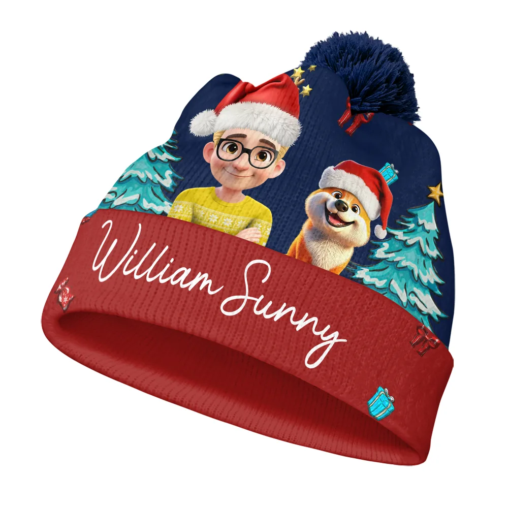 Christmas Woman Man And Dogs 3D Effect - Personalized Bobble Beanie Hat - Image 2