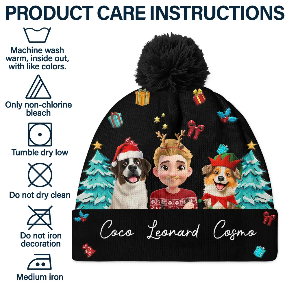 Christmas Woman Man And Dogs 3D Effect - Personalized Bobble Beanie Hat - Image 6
