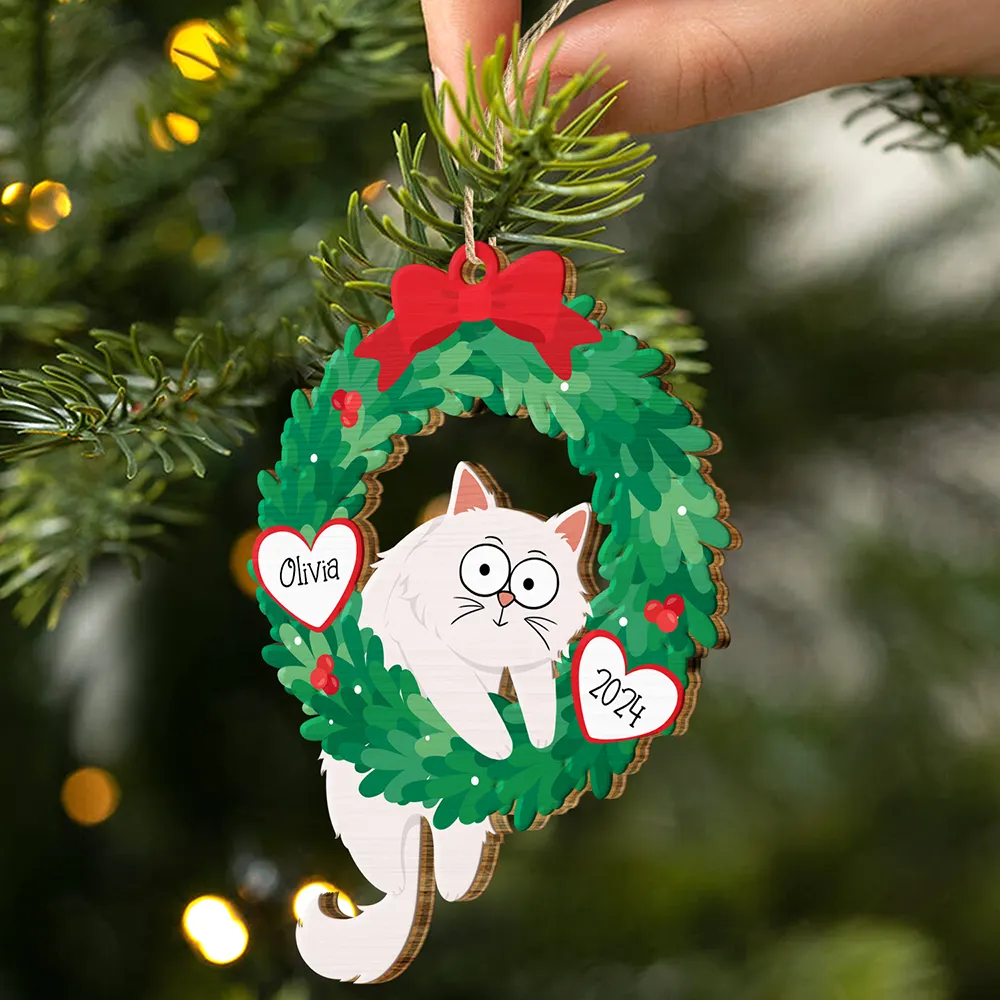 Christmas Wreath Hanging Cat - Personalized Wooden Cutout Ornament - Image 2