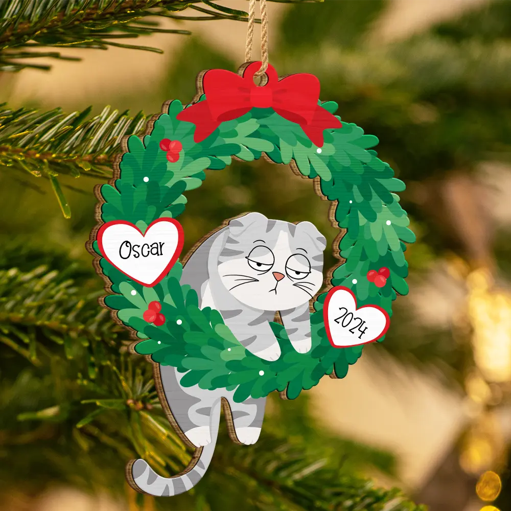 Christmas Wreath Hanging Cat - Personalized Wooden Cutout Ornament - Image 3