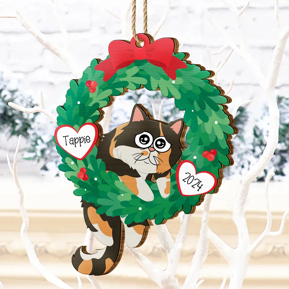 Christmas Wreath Hanging Cat - Personalized Wooden Cutout Ornament - Image 4